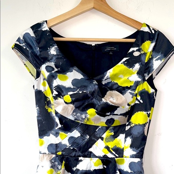 Tahari Black and Yellow Sheath Dress with Sweetheart Neckline - Picture 3 of 7